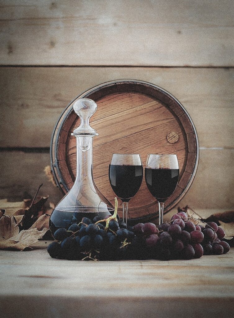 wine carafe, glasses, grapes, wine barrel, wine barrel, wine barrel, wine barrel, wine barrel, wine barrel